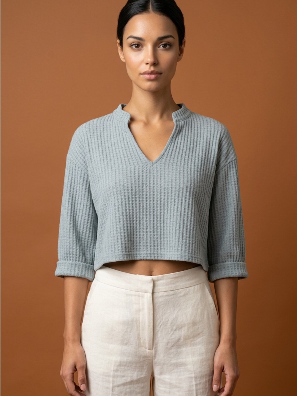 Lush Soft Blue Cropped V-Neck Waffle Knit Sweater